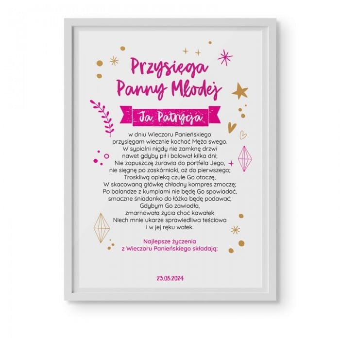 PLAKAT na wpisy dziewczyn Przysięga Młodej Mężatki 50x70 Z IMIENIEM