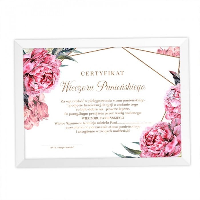 CERTYFIKAT w ramce dla Panny Młodej na Wieczór Panieński Sweet Peony