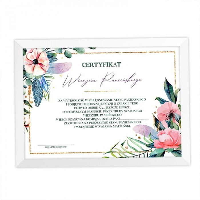 CERTYFIKAT Wieczoru Panieńskiego dla Przyszłej Żony w ramce Eukaliptus