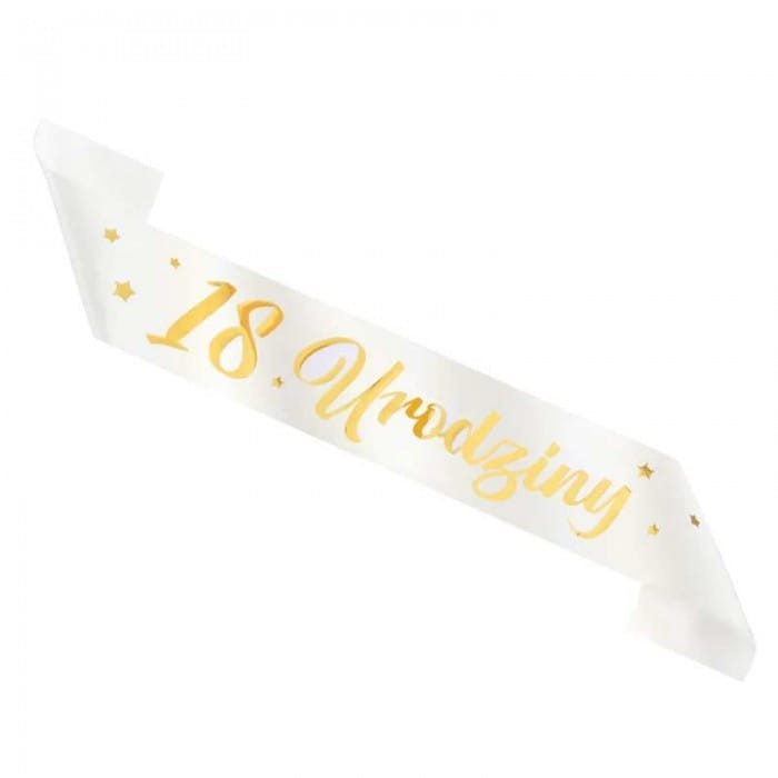 SZARFA imprezowa biała ze złotym napisem 18 Urodziny