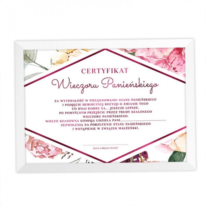 CERTYFIKAT Wieczoru Panieńskiego w białej ramce Forever Together