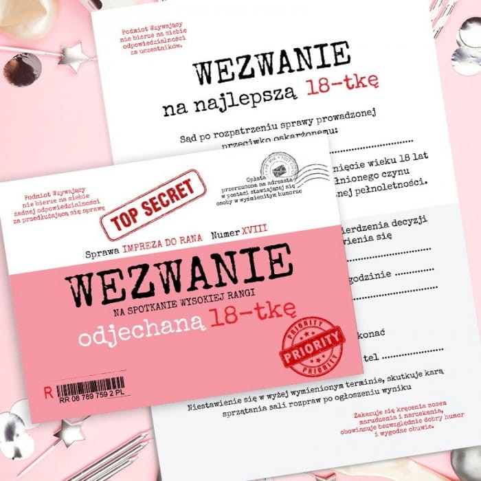 ZAPROSZENIA zabawne na 18 urodziny jak wezwanie 10szt
