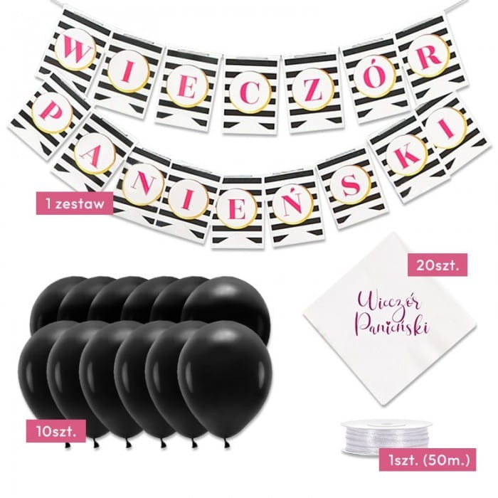 ZESTAW dekoracji na Wieczór Panieński Czerń i Fuksja (baner balony serwetki)