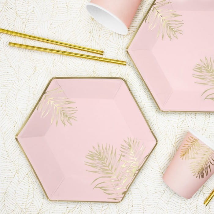 TALERZYKI papierowe różowe na panieński Złote Liście 6szt