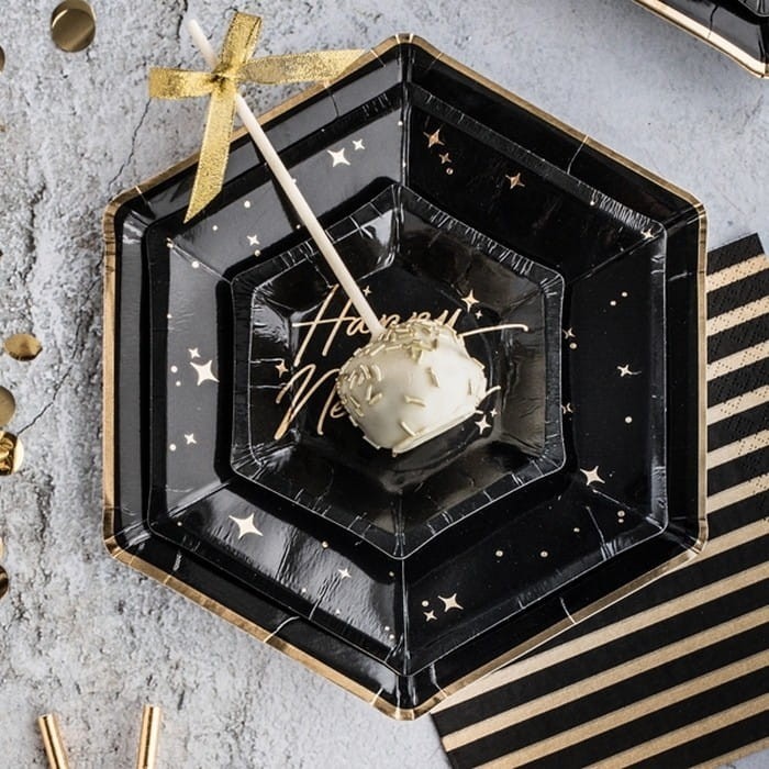 TALERZYKI papierowe Hexagon 6szt 23cm CZARNO-ZŁOTE