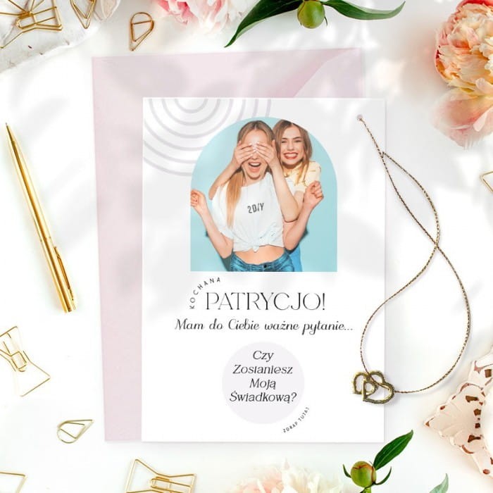 PYTANIE do świadkowej Kartka ze zdjęciem pytanie pod zdrapką