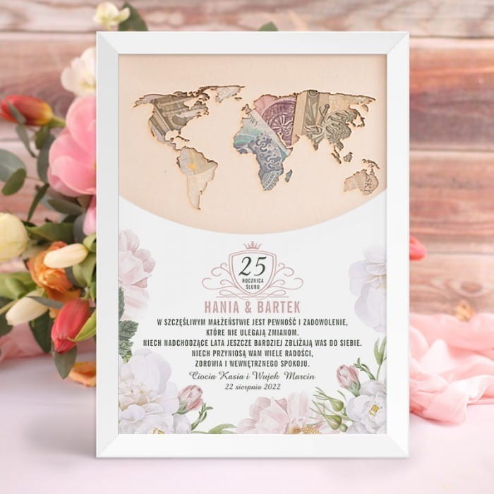 PREZENT Mapa świata na pieniądze Prezent Na Rocznicę Ślubu Sweet Roses