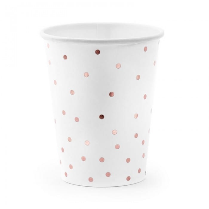 KUBECZKI papierowe białe z kropkami rosegold 6szt