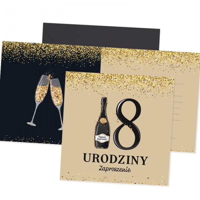 ZAPROSZENIA na 18 urodziny Złoto & Czerń 10szt