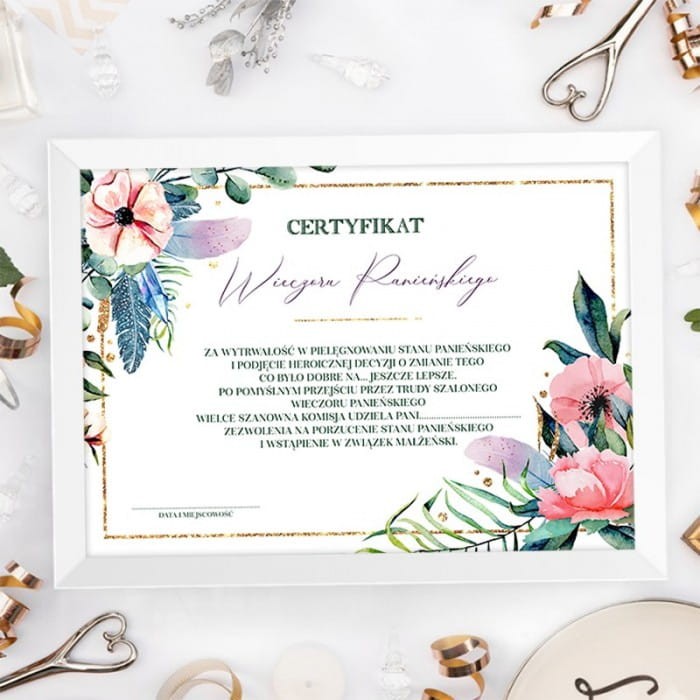 CERTYFIKAT Wieczoru Panieńskiego dla Przyszłej Żony w ramce Eukaliptus
