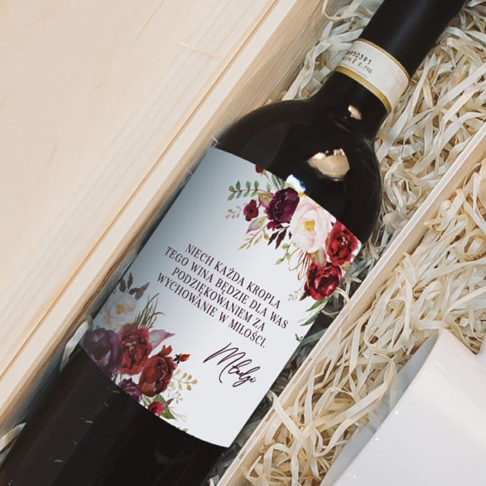 Personalizowane wino dla rodziców, etykieta z podziękowaniem ślubnym, prezent dla rodziców na wesele, drewniana skrzynka prezentowa.