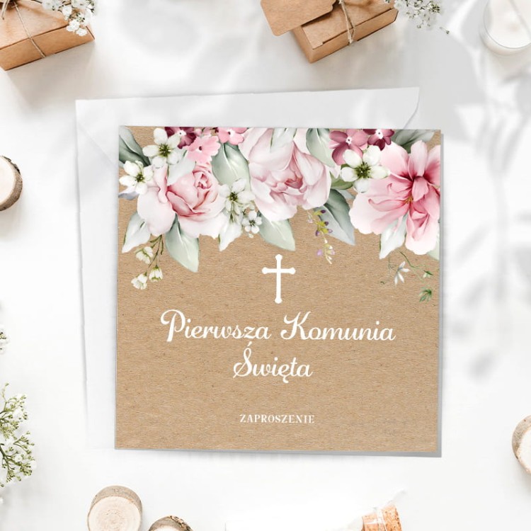 ZAPROSZENIA komunijne eko kraft z kwiatami 10szt.