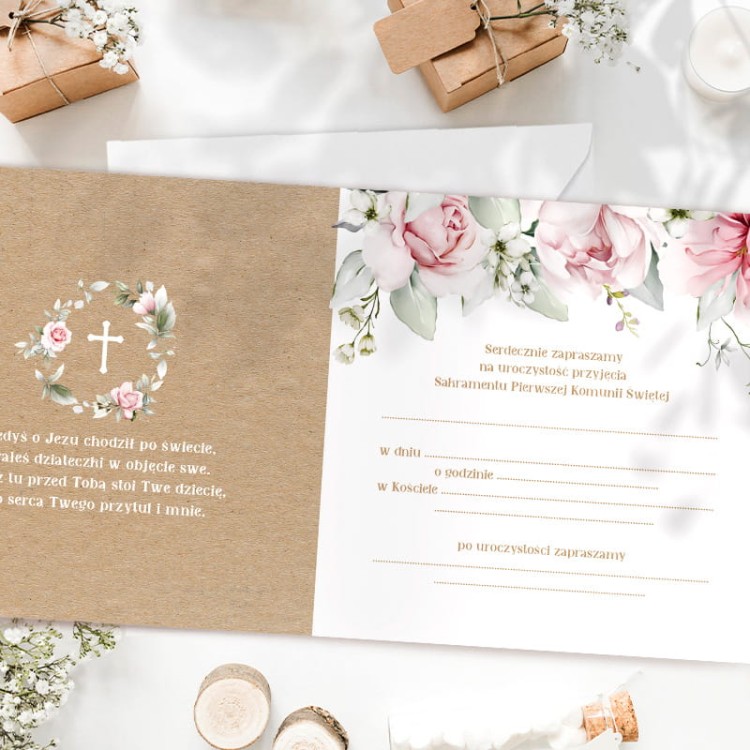 ZAPROSZENIA komunijne eko kraft z kwiatami