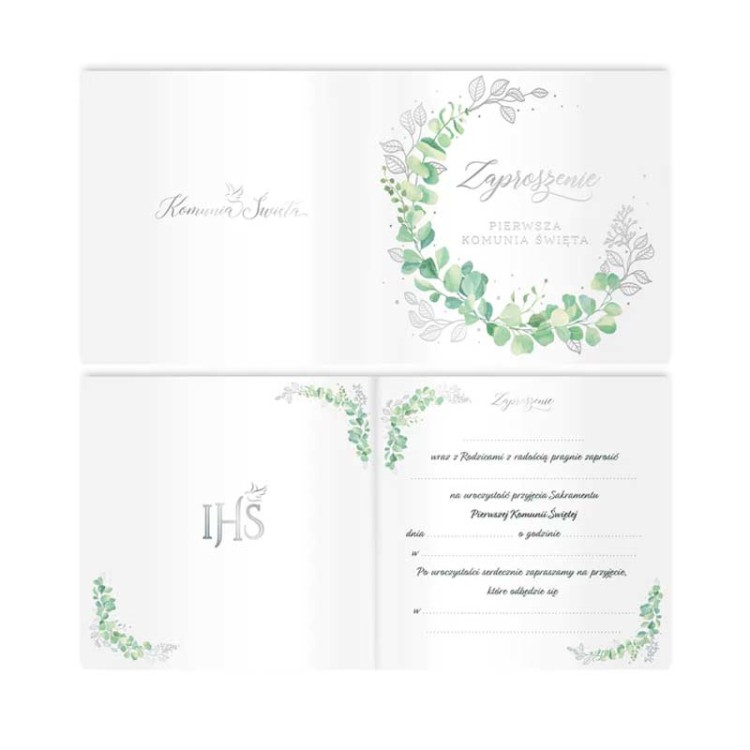 Zaproszenia do wypisanie srebrna Komunią Święta.