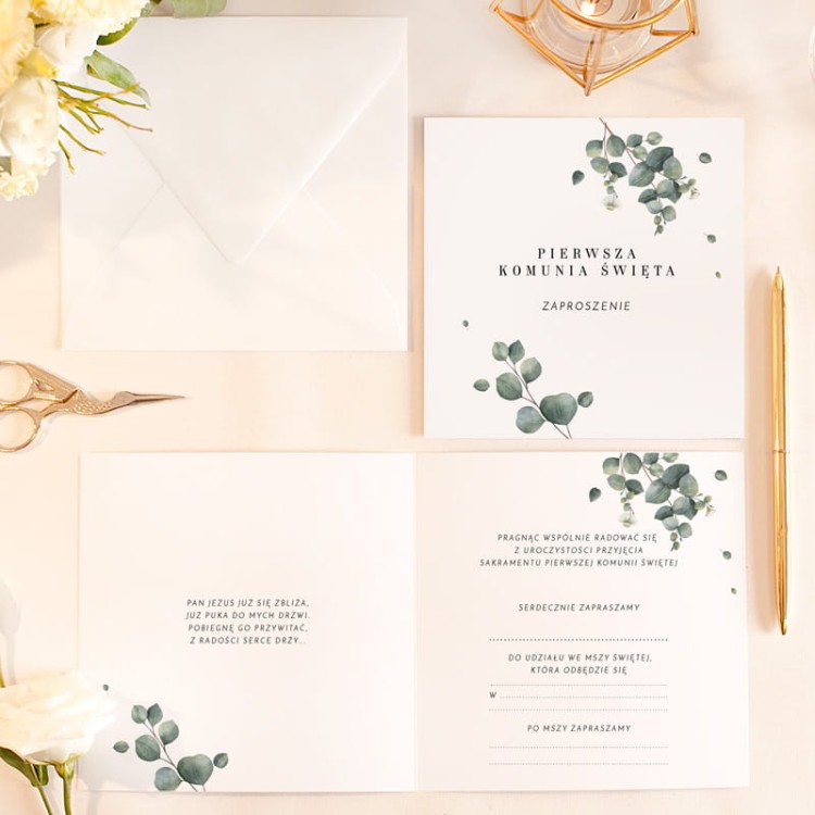ZAPROSZENIA uniwersalne komunijne Świeży Eukaliptus 10szt