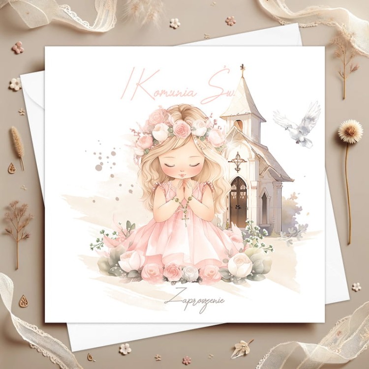 ZAPROSZENIA do wypisania na Komunię dziewczynki +koperty