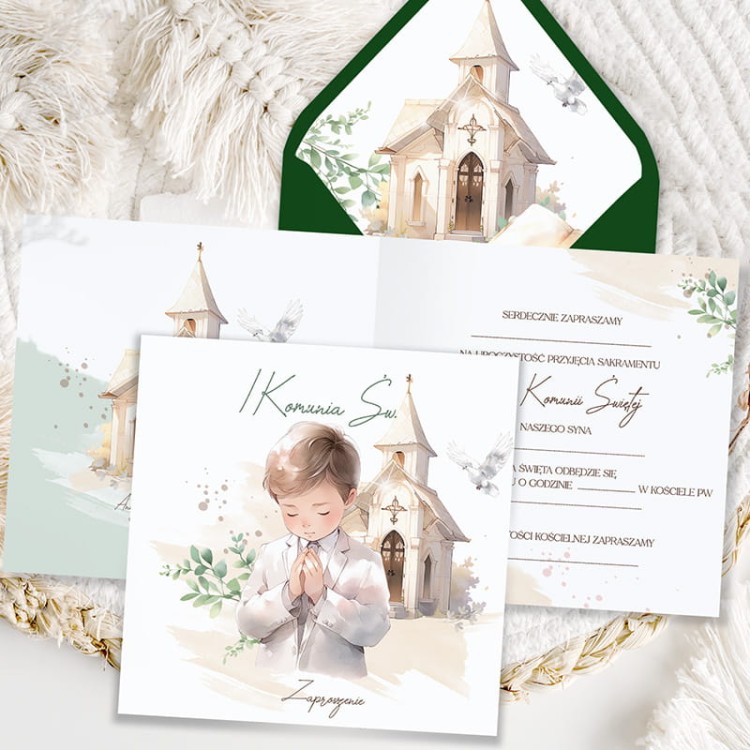 ZAPROSZENIE dla chłopca Komunia Święta + OZDOBNA KOPERTA