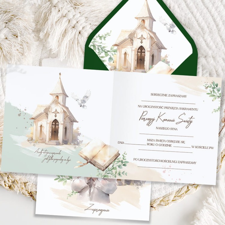 ZAPROSZENIE do wypisania dla chłopca Komunia Święta + OZDOBNA KOPERTA