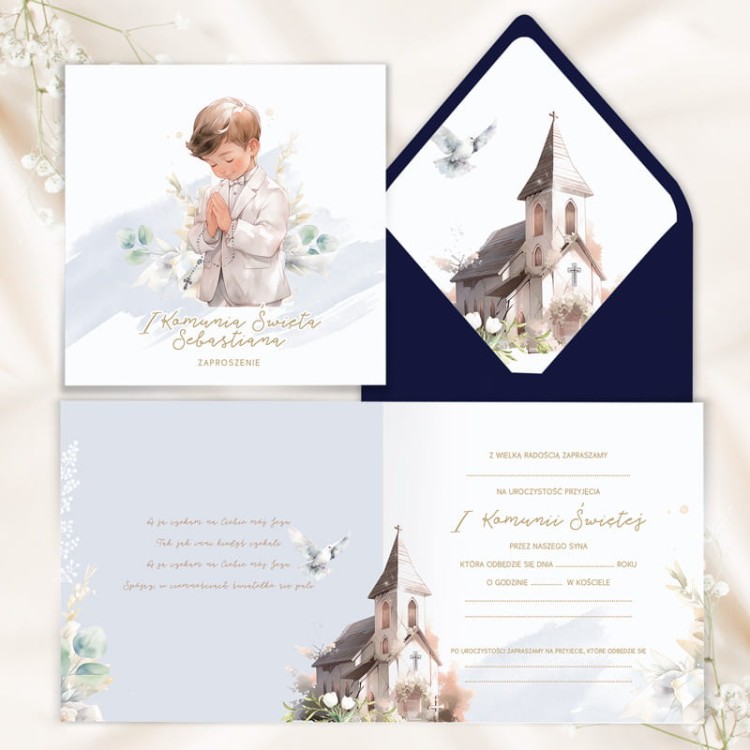 Zaproszenie komunijne z imieniem dla chłopca.