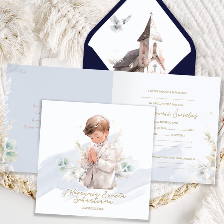 Komunijne zaproszenie personalizowane dla chłopca.