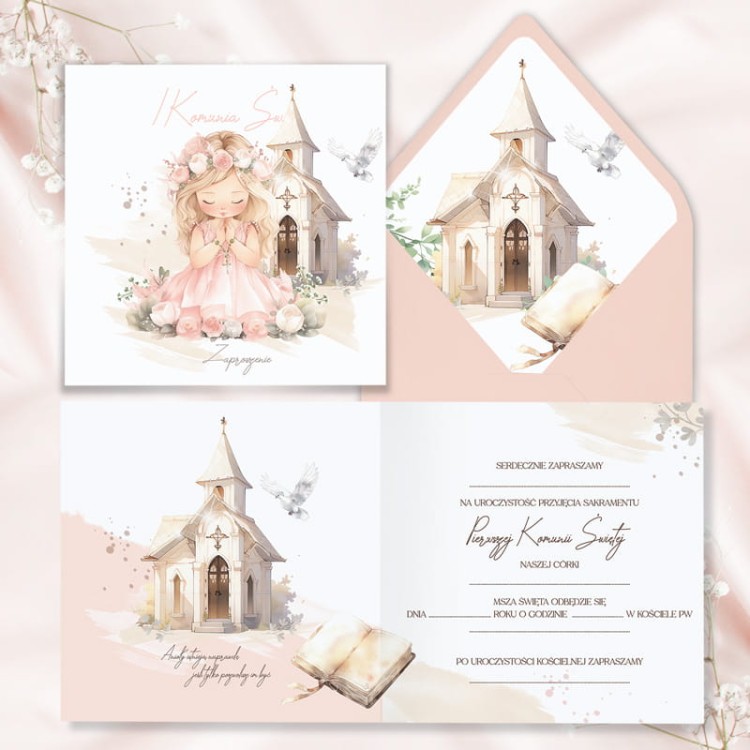 Zaproszenie uniwersalne dla dziewczynki na Pierwszą Komunię Świętą.