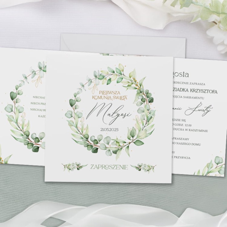 ZAPROSZENIE komunijne Zielony Wianek personalizowane