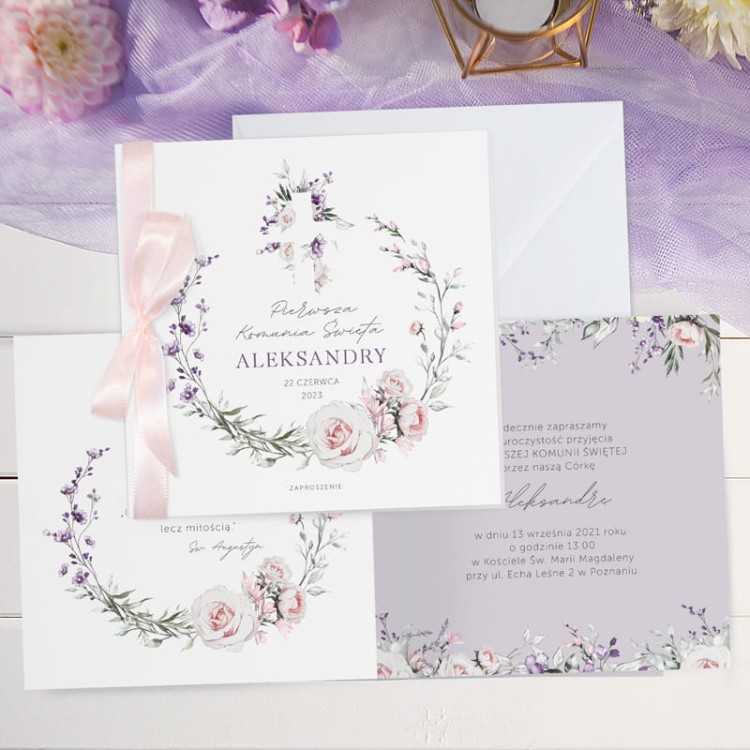 ZAPROSZENIE komunijne LiMarte personalizowane +WSTĄŻKA