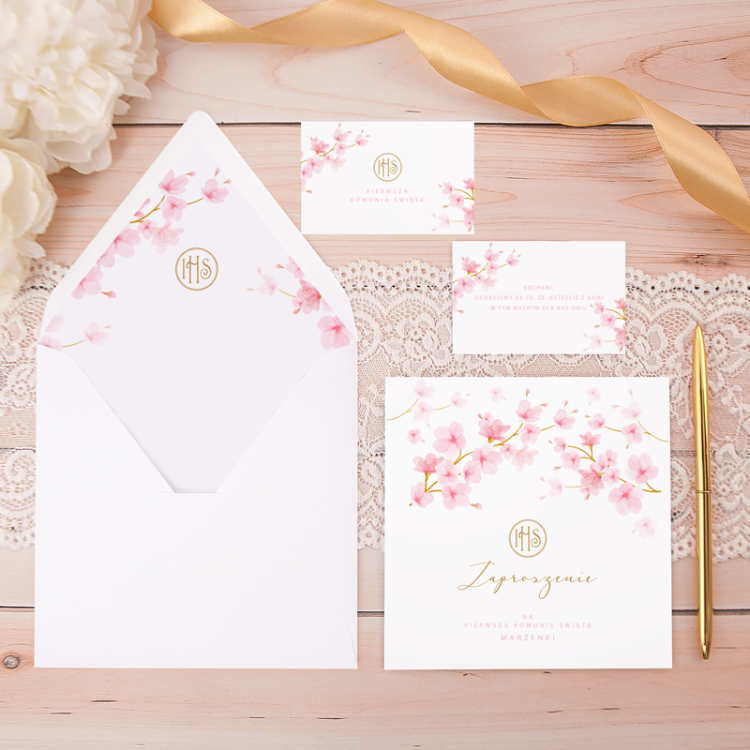 Zaproszenie komunijne różowe magnolie personalizowane.