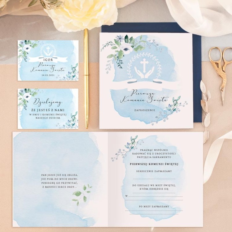 Zaproszenie komunijne błękitne gałązki personalizowane.
