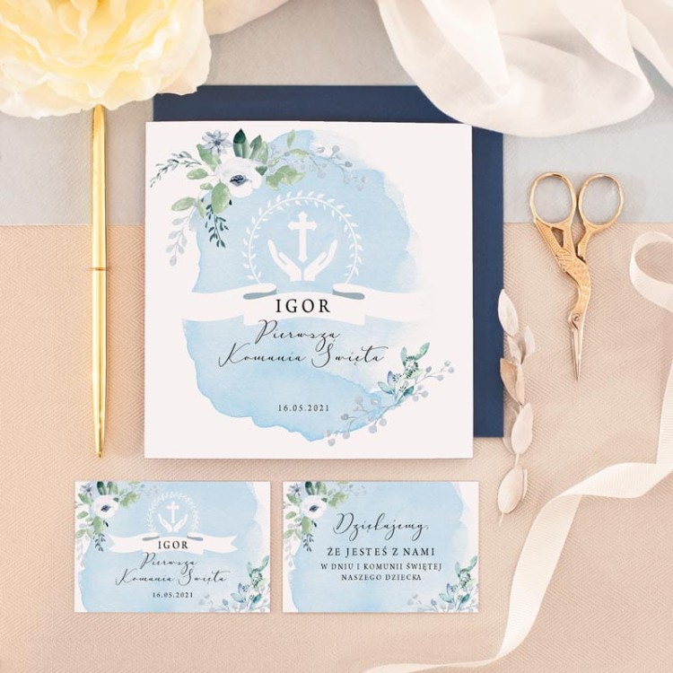 Zaproszenie z bilecikiem i kopertą.