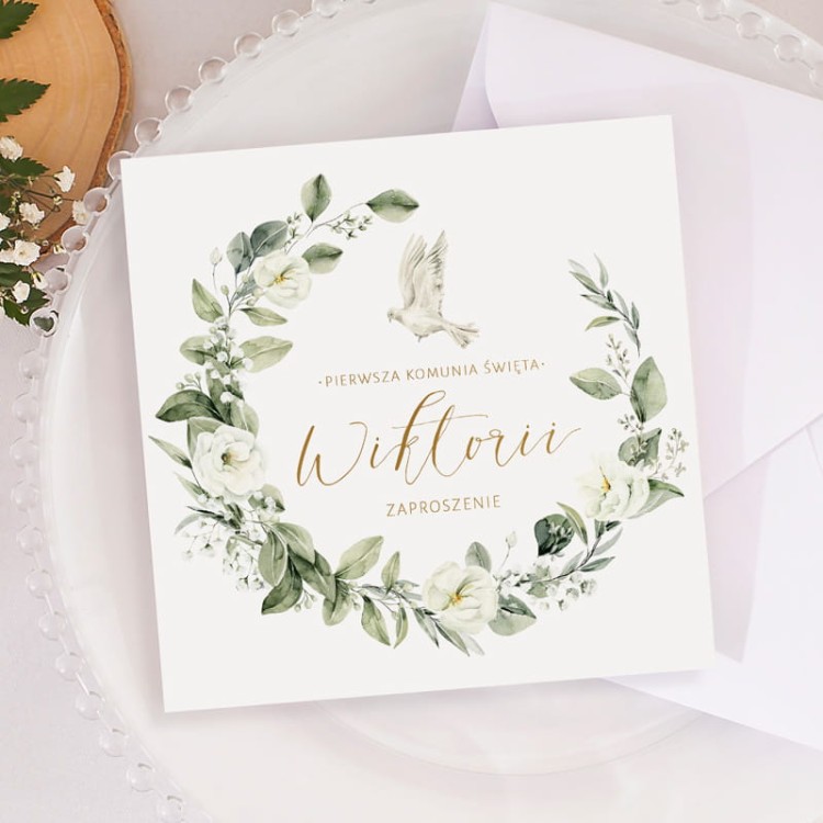Zaproszenie komunijne Personalizowane Białe Kwiaty.