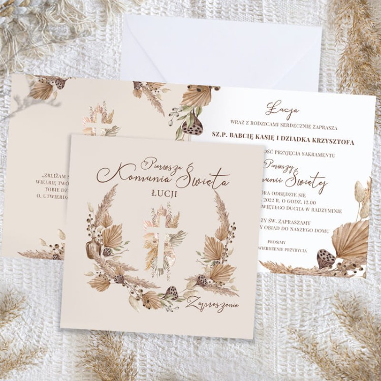 Zaproszenie komunijne boho z personalizacją.