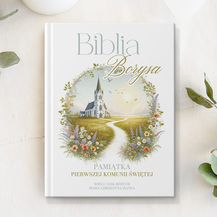 Biblia prezent na Komunię z imieniem dla dziecka i podpisem.