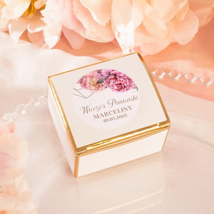 PUDEŁECZKA ze złotym brzegiem na panieński Sweet Peony 10szt (+etykiety)