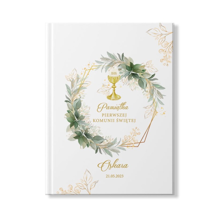 Biblia komunijna z imieniem dziecka, datą i złoconym napisem „Pamiątka Pierwszej Komunii Świętej.