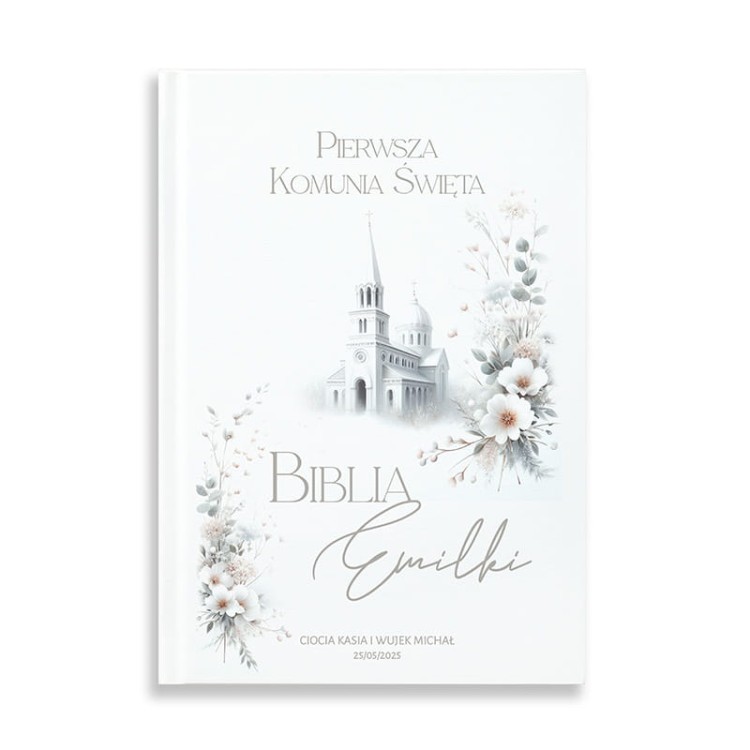 Ilustracja kościoła i kwiatowe zdobienia w szaro-srebrnych odcieniach na Biblii exclusive.