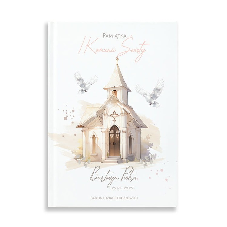 Akwarelowa kapliczka i dwie białe gołębice na okładce Biblii exclusive z imieniem dziecka.