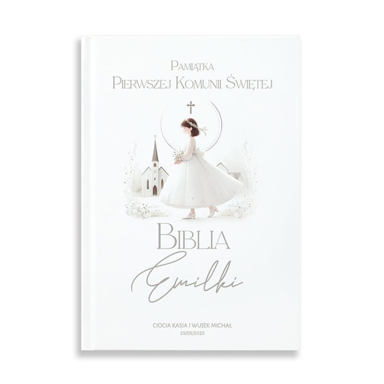 Personalizowana dedykacja z imieniem dziecka i datą Pierwszej Komunii na okładce Biblii.