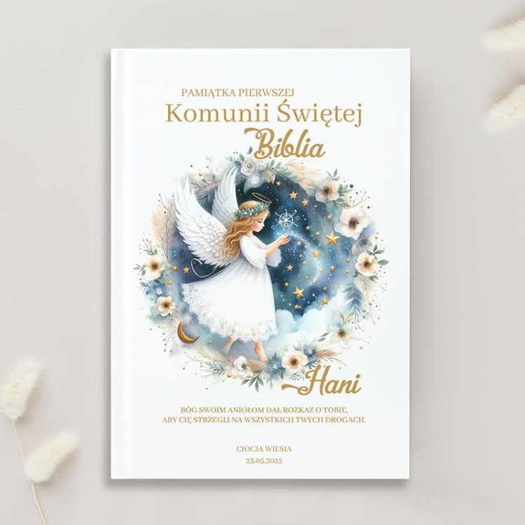 Personalizowana Biblia exclusive z ilustracją anioła i złotymi napisami na Pierwszą Komunię Świętą.