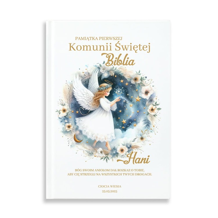 Personalizowana dedykacja z imieniem dziecka i datą Pierwszej Komunii Świętej.