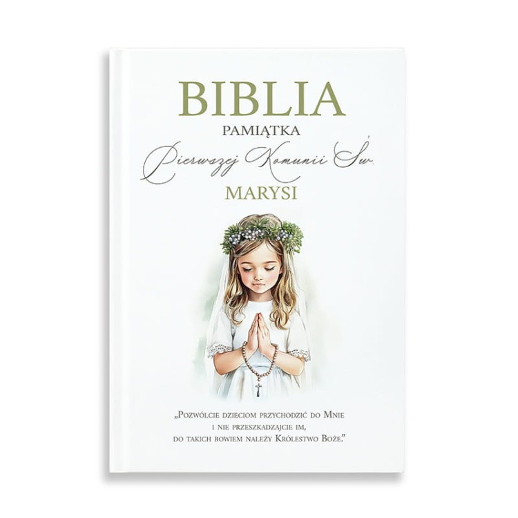 Biblia exclusive dla dziecka w białej oprawie z miejscem na dedykację.