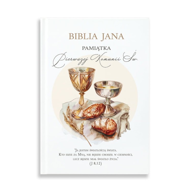 Twarda okładka biblii komunijnej z ilustracją kielicha, pateny i kłosów zboża.