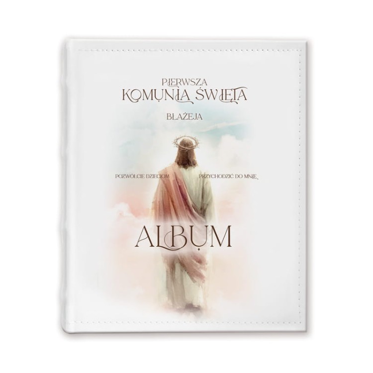 Elegancki album na pamiątkowe fotografie z I Komunii Świętej z religijną ilustracją