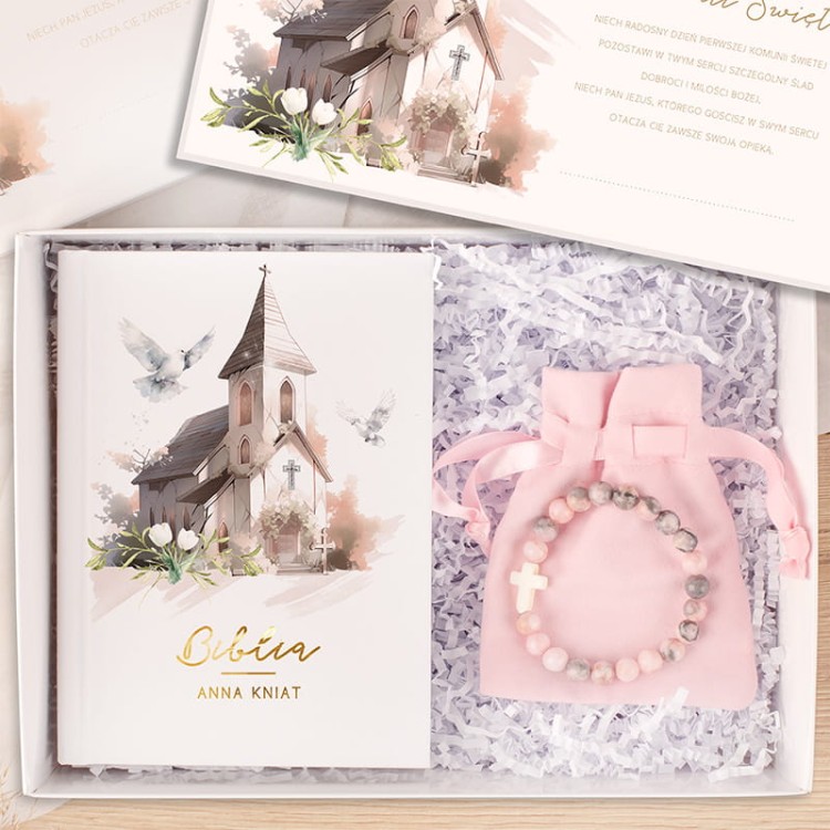 PREZENT Na Komunię Świętą Dla Dziewczynki Z Biblią i Bransoletką