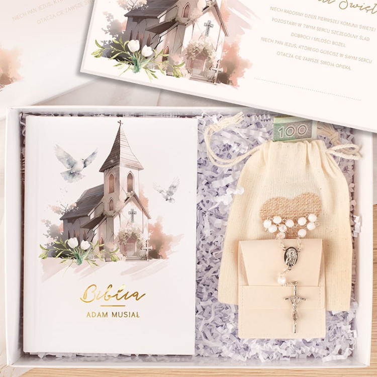 PREZENT Na Komunię Świętą Dla chłopca Z Biblią i różańcem