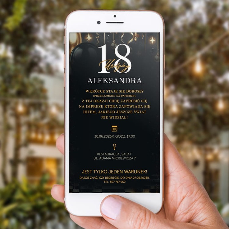 Nowoczesne zaproszenie elektroniczne na elegancką 18-stkę w czarno-złotym stylu