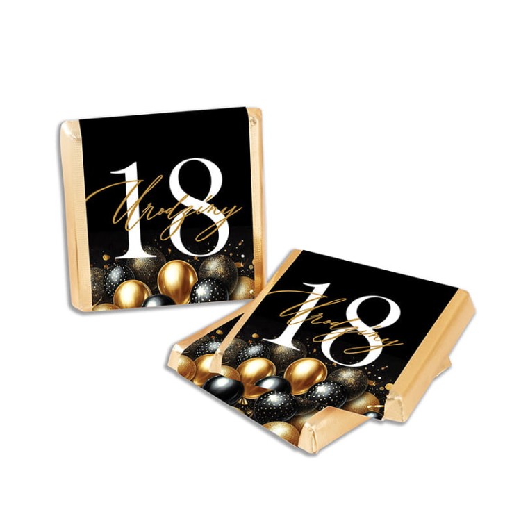 Słodkie czekoladki na osiemnastkę podziękowanie dla gości, stylowy dodatek do dekoracji stołu