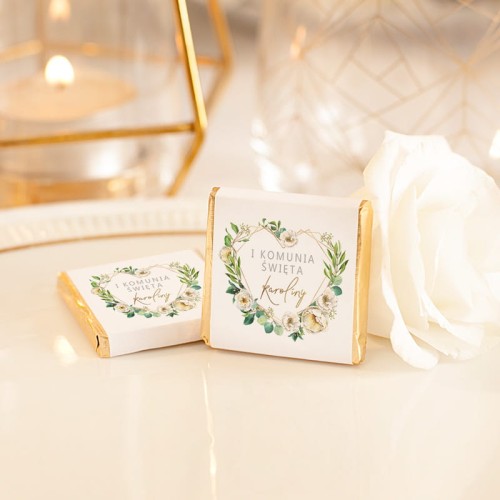 Czekoladki personalizowane na Pierwszą Komunię z motywem roślinnym