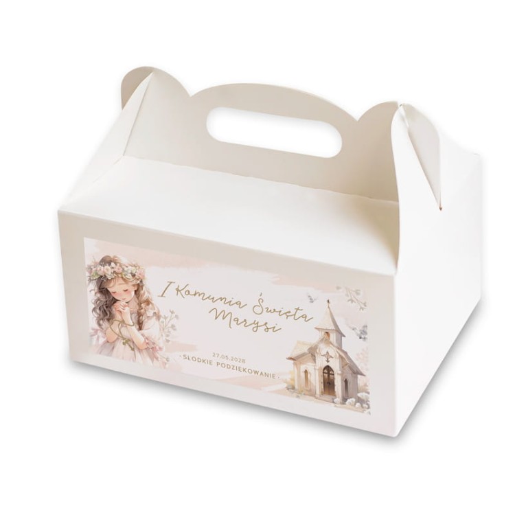 eleganckie pudełko na ciasto z rączką Komunia Święta dziewczynki