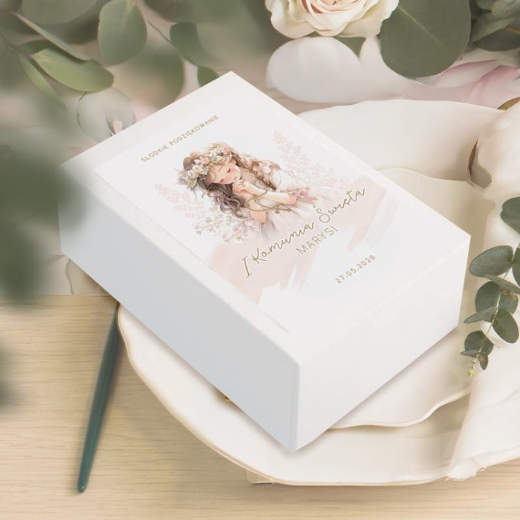 pudełko na ciasto podziękowanie Komunia Święta dziewczynki